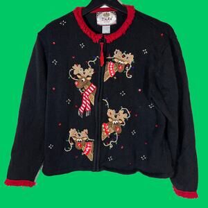 Tiara Christmas Sweater, Reindeer Size L Petite Holiday Cardigan Zip Up Y2K